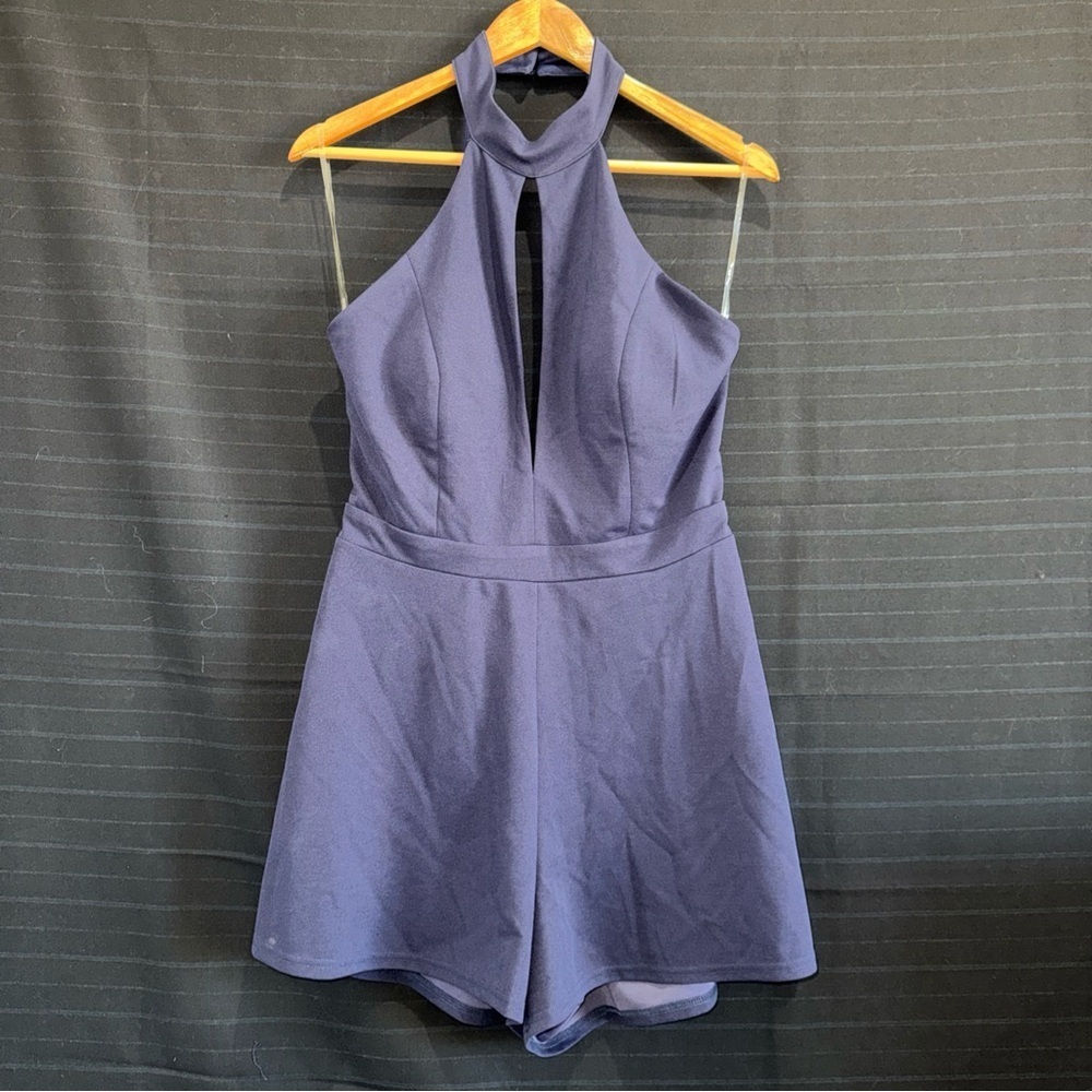 Charlotte Russe Womens Navy Halter Romper 1 Piece Shorts Backless Slit Chest L - Picture 1 of 12